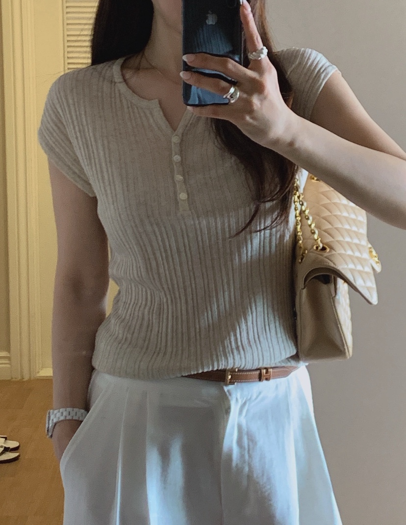 LA CREME韓國代購女士新款26夏季職業熱賣針織衫亞麻羅紋LA CREME針織衫