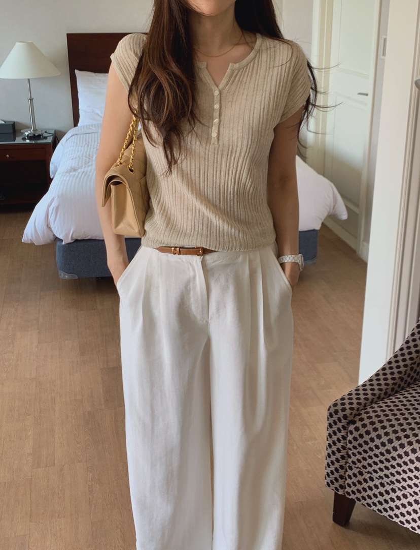 LA CREME韓國代購女士新款26夏季職業熱賣針織衫亞麻羅紋LA CREME針織衫