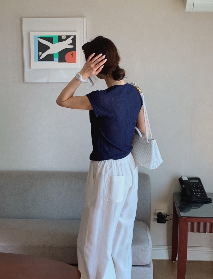 LA CREME韓國代購女士新款26夏季職業熱賣針織衫亞麻羅紋LA CREME針織衫