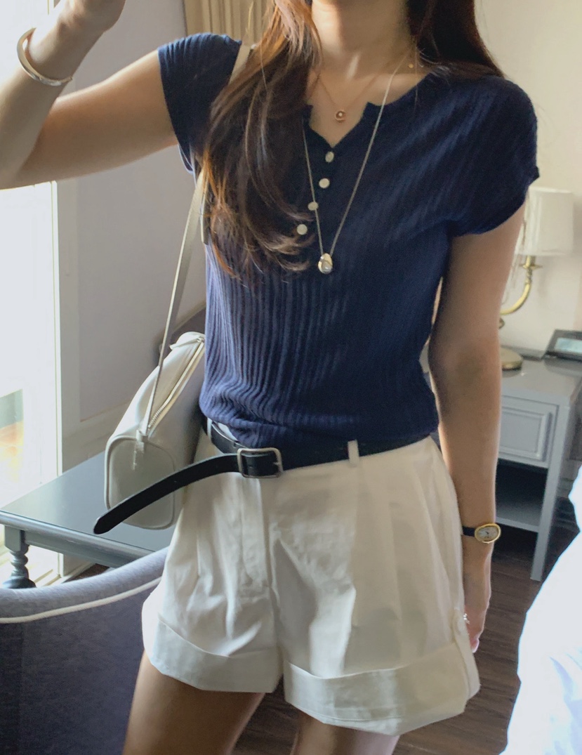 LA CREME韓國代購女士新款26夏季職業熱賣針織衫亞麻羅紋LA CREME針織衫