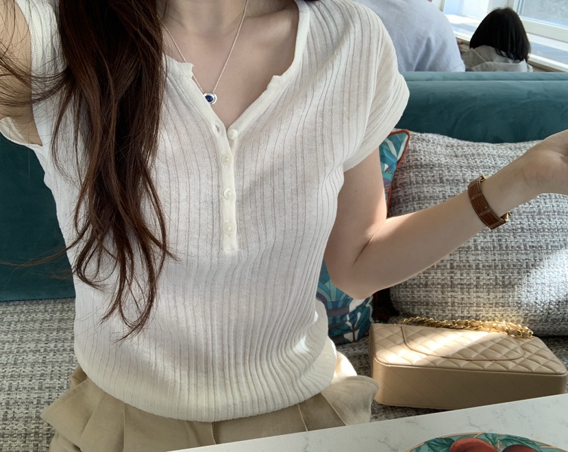 LA CREME韓國代購女士新款26夏季職業熱賣針織衫亞麻羅紋LA CREME針織衫