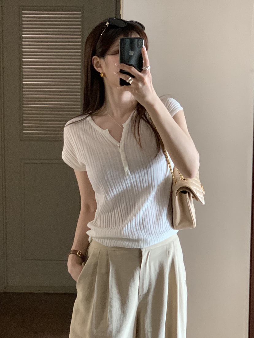 LA CREME韓國代購女士新款26夏季職業熱賣針織衫亞麻羅紋LA CREME針織衫