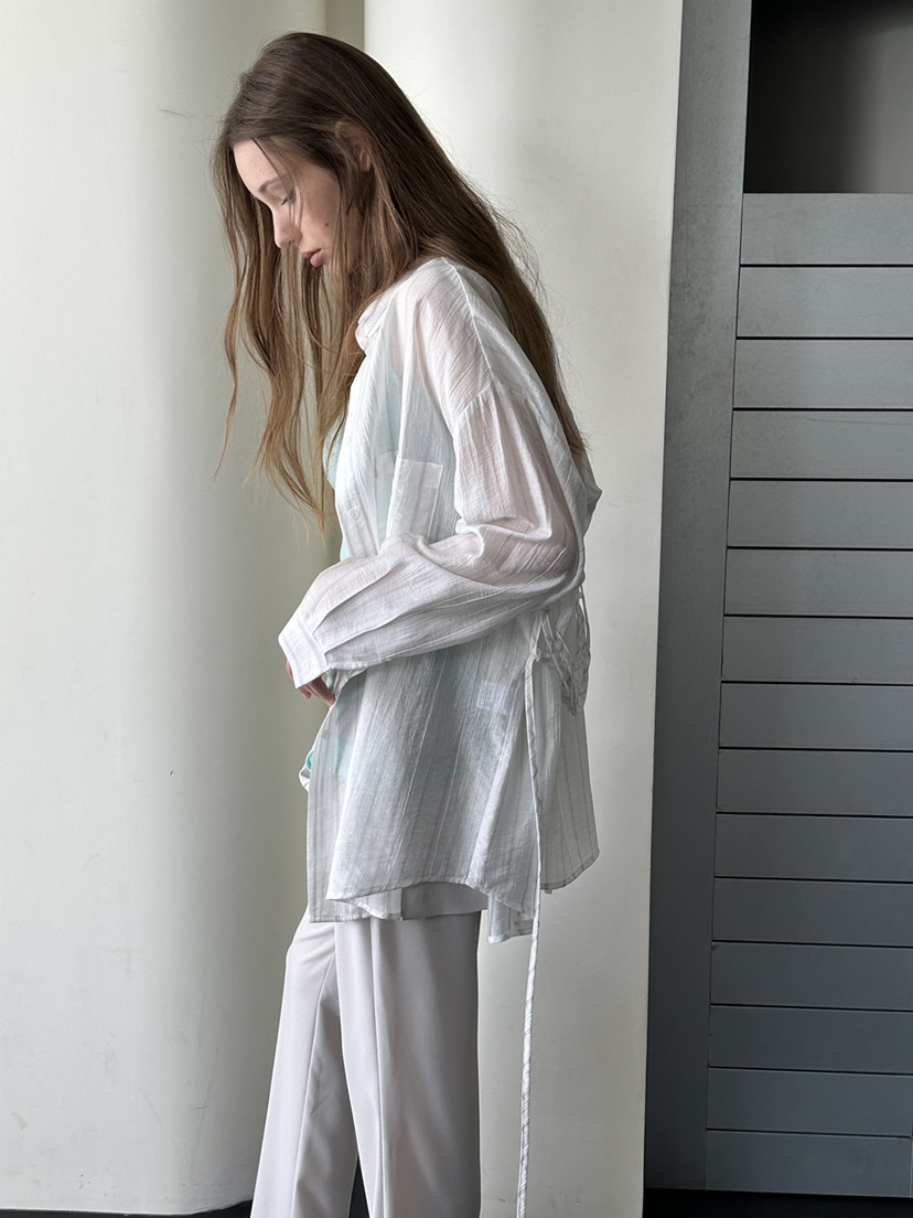 BOWIE東大門代購女裝新品推薦職業人氣襯衫蕾絲衫含腰繩條紋BOWIE襯衫/蕾絲衫