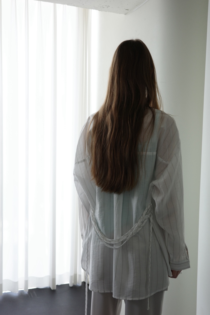 BOWIE東大門代購女裝新品推薦職業人氣襯衫蕾絲衫含腰繩條紋BOWIE襯衫/蕾絲衫