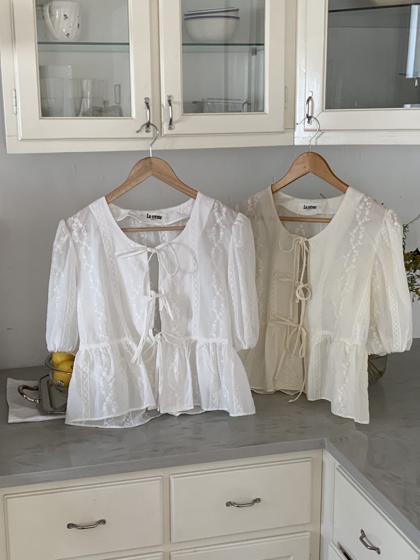 LA CREME韓國直郵女士新款熱賣推薦時尚襯衫蕾絲衫絲帶繡花LA CREME襯衫/蕾絲衫