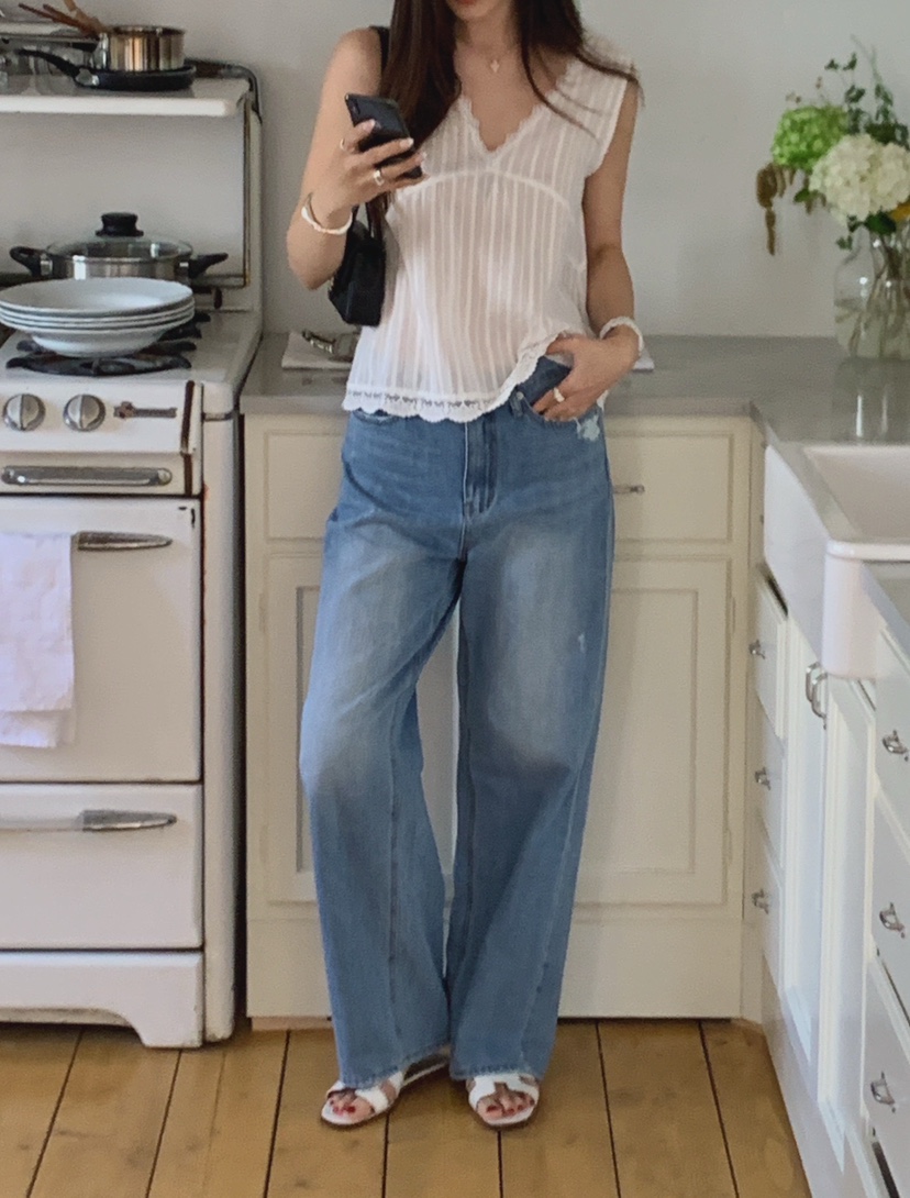 LA CREME韓國直郵實拍女士新品26夏季休閑26春夏時尚牛仔褲LA CREME牛仔褲