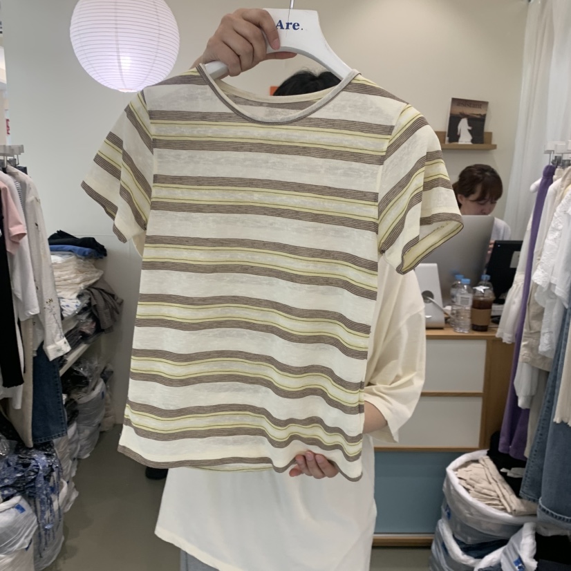 ARE韓國東大門直郵女士新款26春夏職業熱賣26夏季T恤條紋ARE YOU/ARET恤圖色2