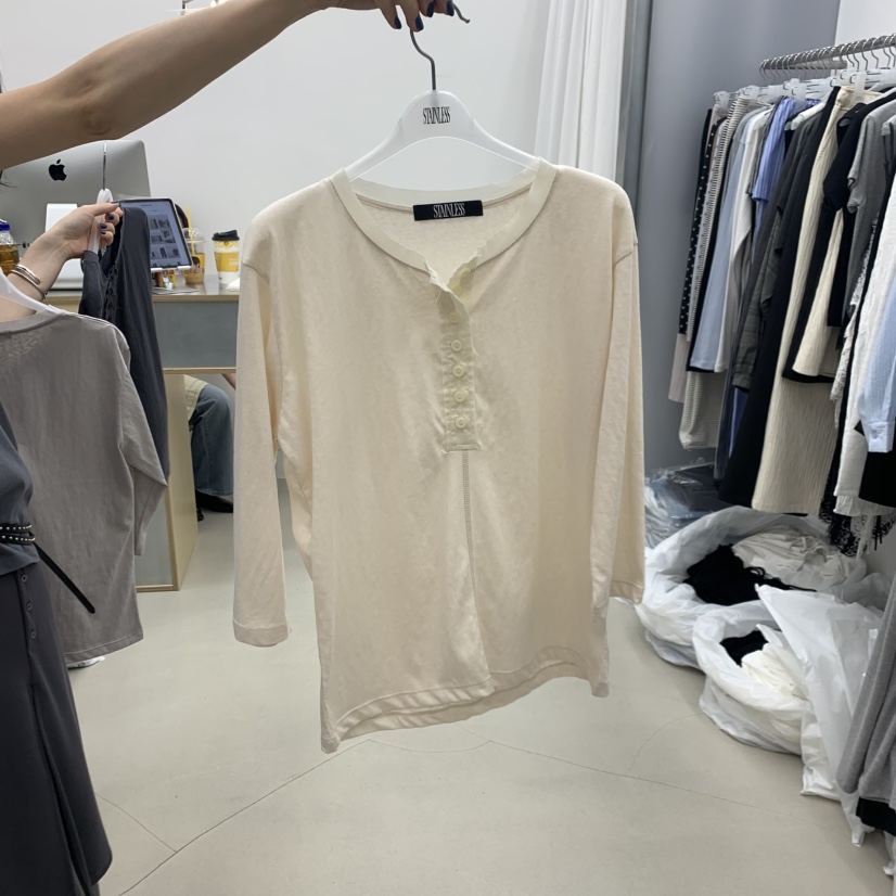 STAINLESS韓國直郵女士新品熱賣26春夏職業長袖T恤亞麻紐扣STAINLESS長袖T恤圖色1