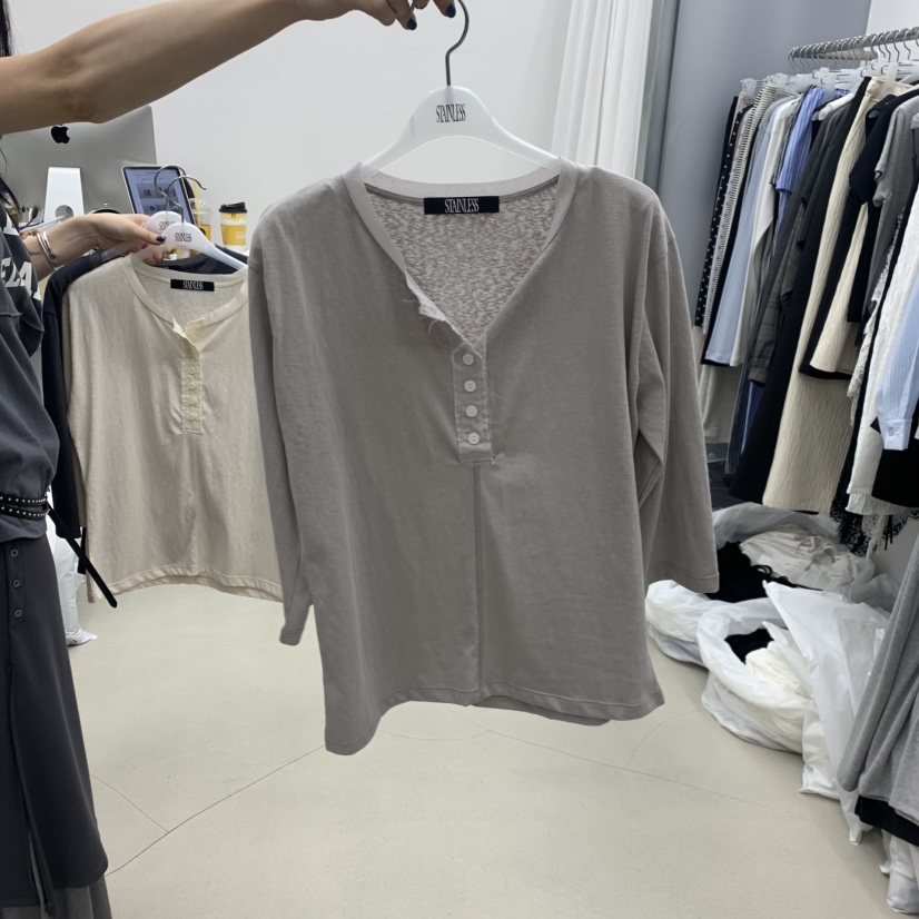STAINLESS韓國直郵女士新品熱賣26春夏職業長袖T恤亞麻紐扣STAINLESS長袖T恤圖色2