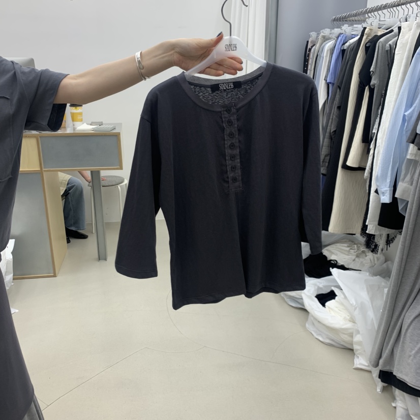 STAINLESS韓國直郵女士新品熱賣26春夏職業長袖T恤亞麻紐扣STAINLESS長袖T恤圖色3