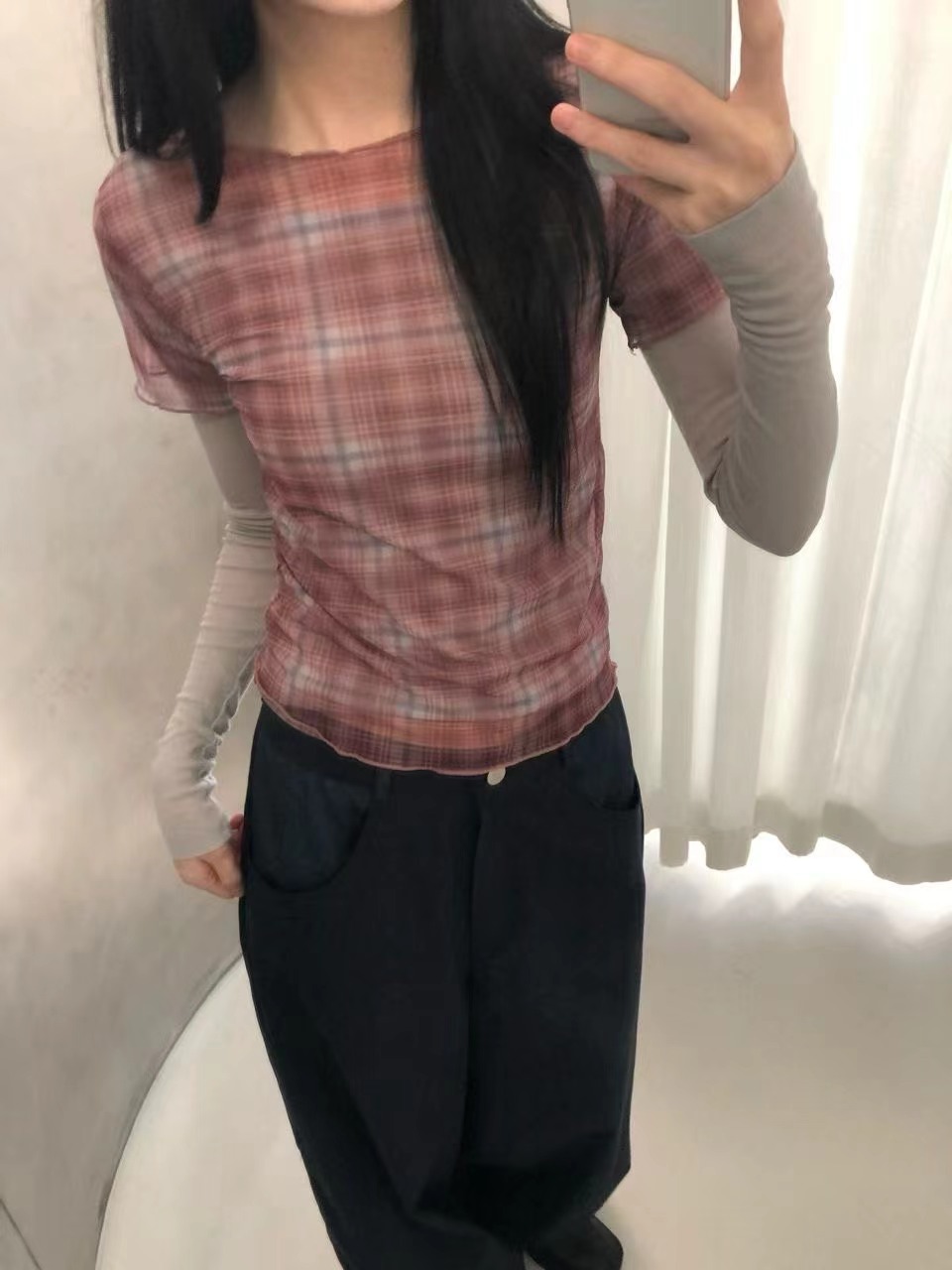 VIVID韓國直郵女士新品26春夏人氣休閑T恤不含內搭格子透明VIVIDT恤