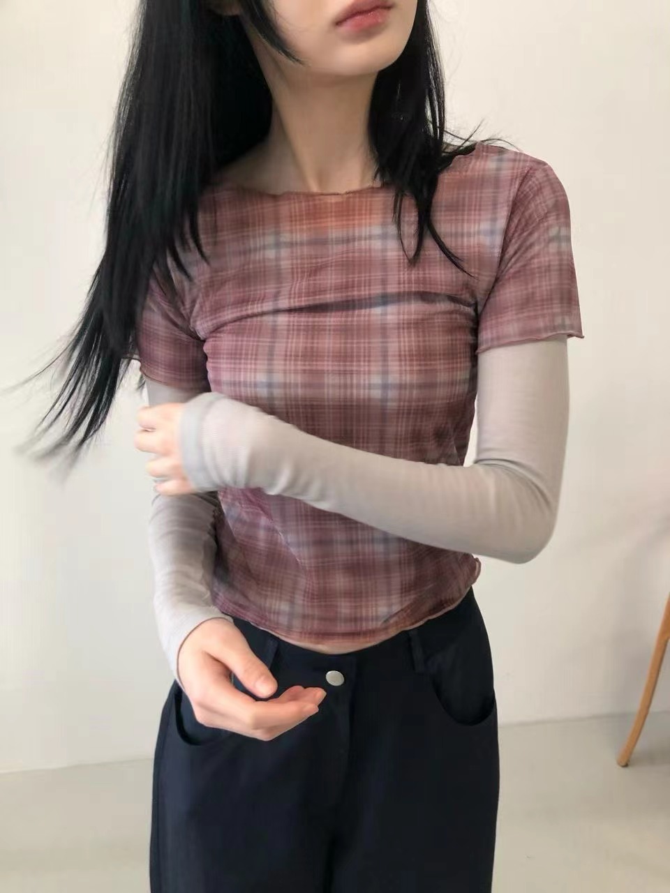 VIVID韓國直郵女士新品26春夏人氣休閑T恤不含內搭格子透明VIVIDT恤