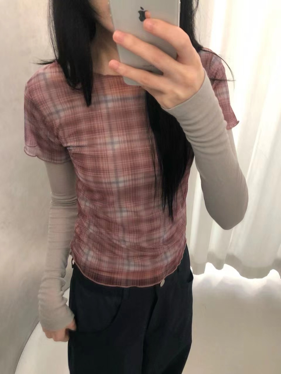 VIVID韓國直郵女士新品26春夏人氣休閑T恤不含內搭格子透明VIVIDT恤圖色1