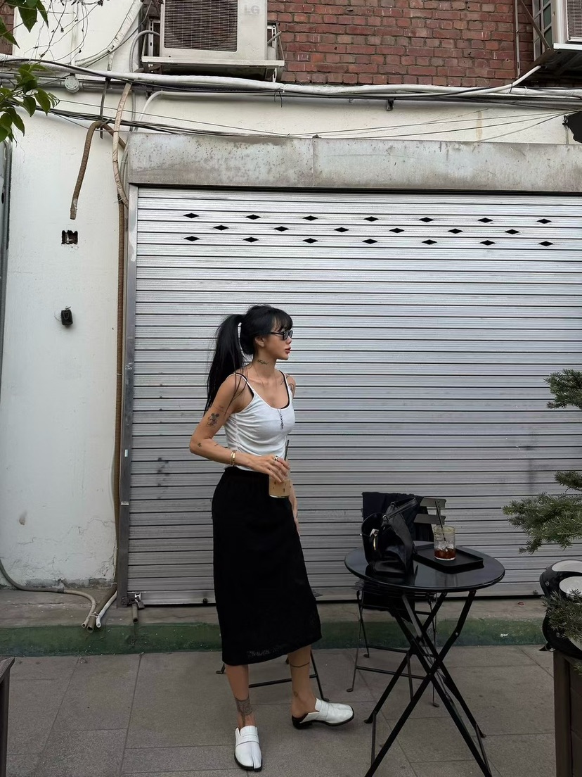 ABBEYLEE韓國東大門代購女裝新品人氣推薦長裙透明蕾絲開衩ABBEYLEE長裙