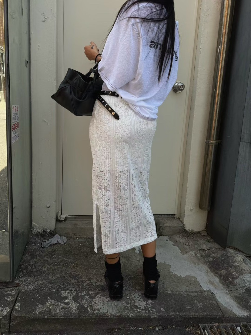 ABBEYLEE韓國東大門代購女裝新品人氣推薦長裙透明蕾絲開衩ABBEYLEE長裙