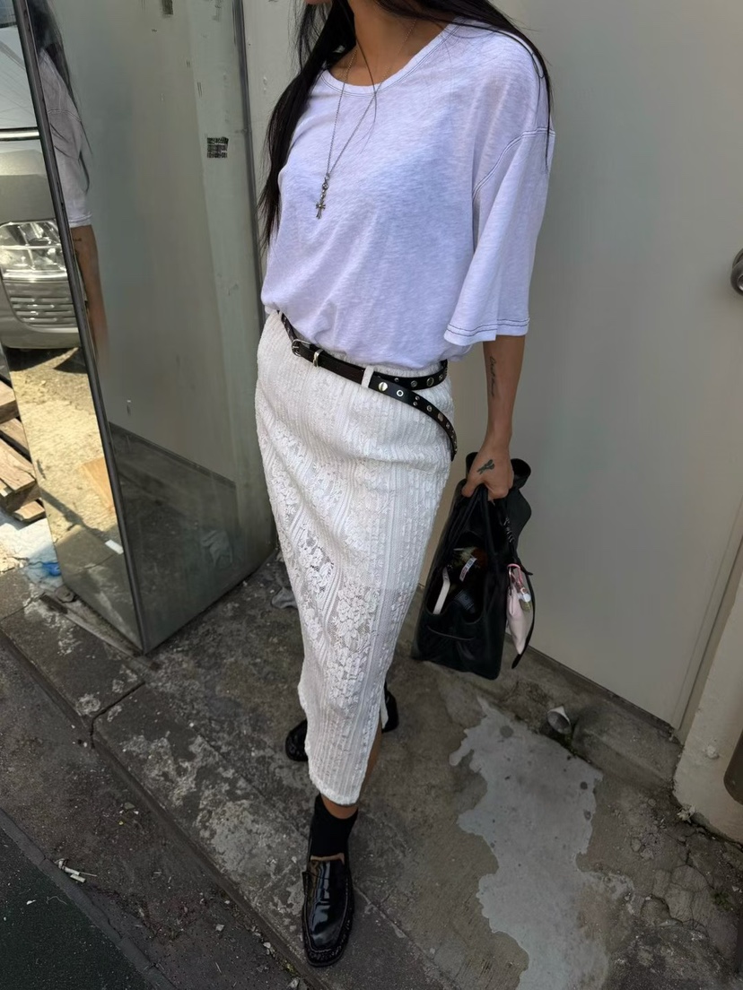 ABBEYLEE韓國東大門代購女裝新品人氣推薦長裙透明蕾絲開衩ABBEYLEE長裙