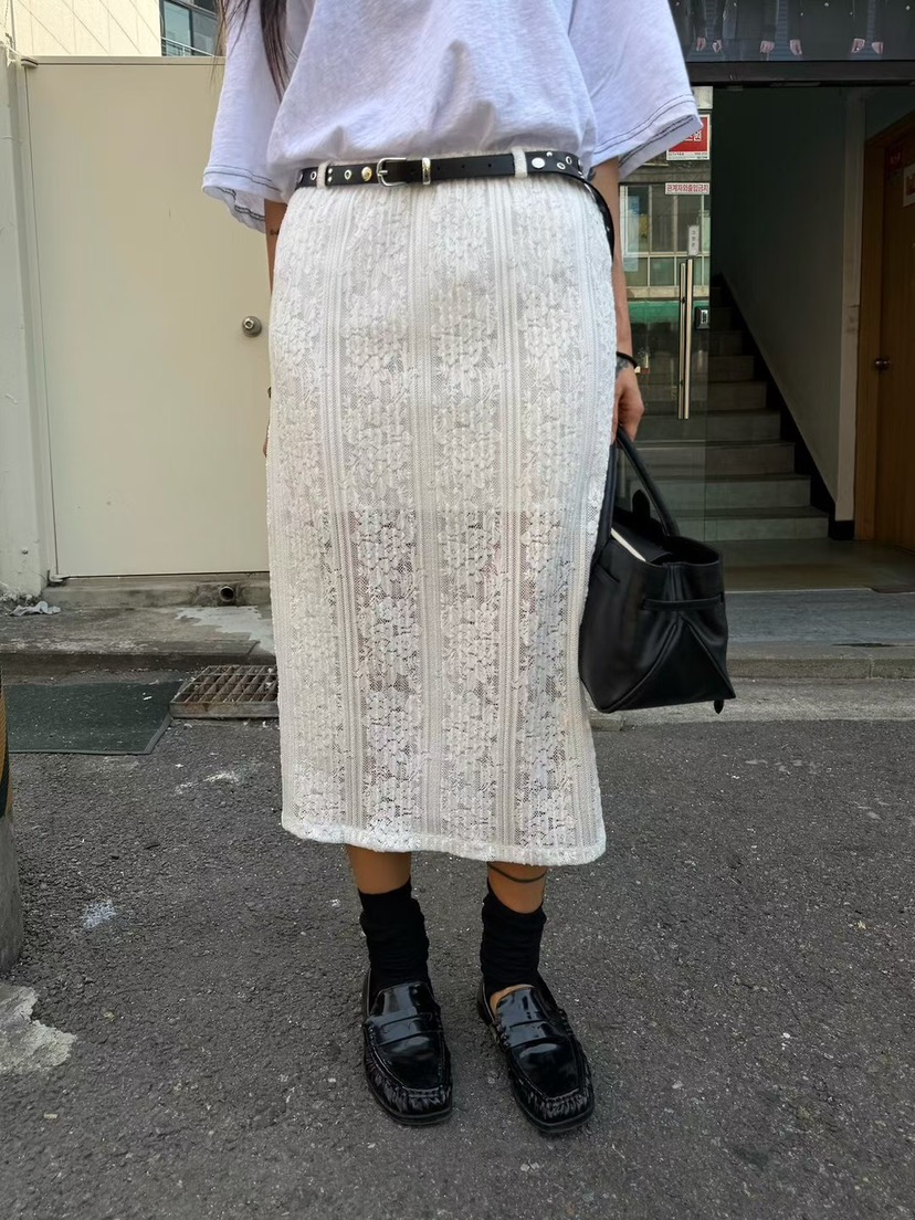 ABBEYLEE韓國東大門代購女裝新品人氣推薦長裙透明蕾絲開衩ABBEYLEE長裙圖色1