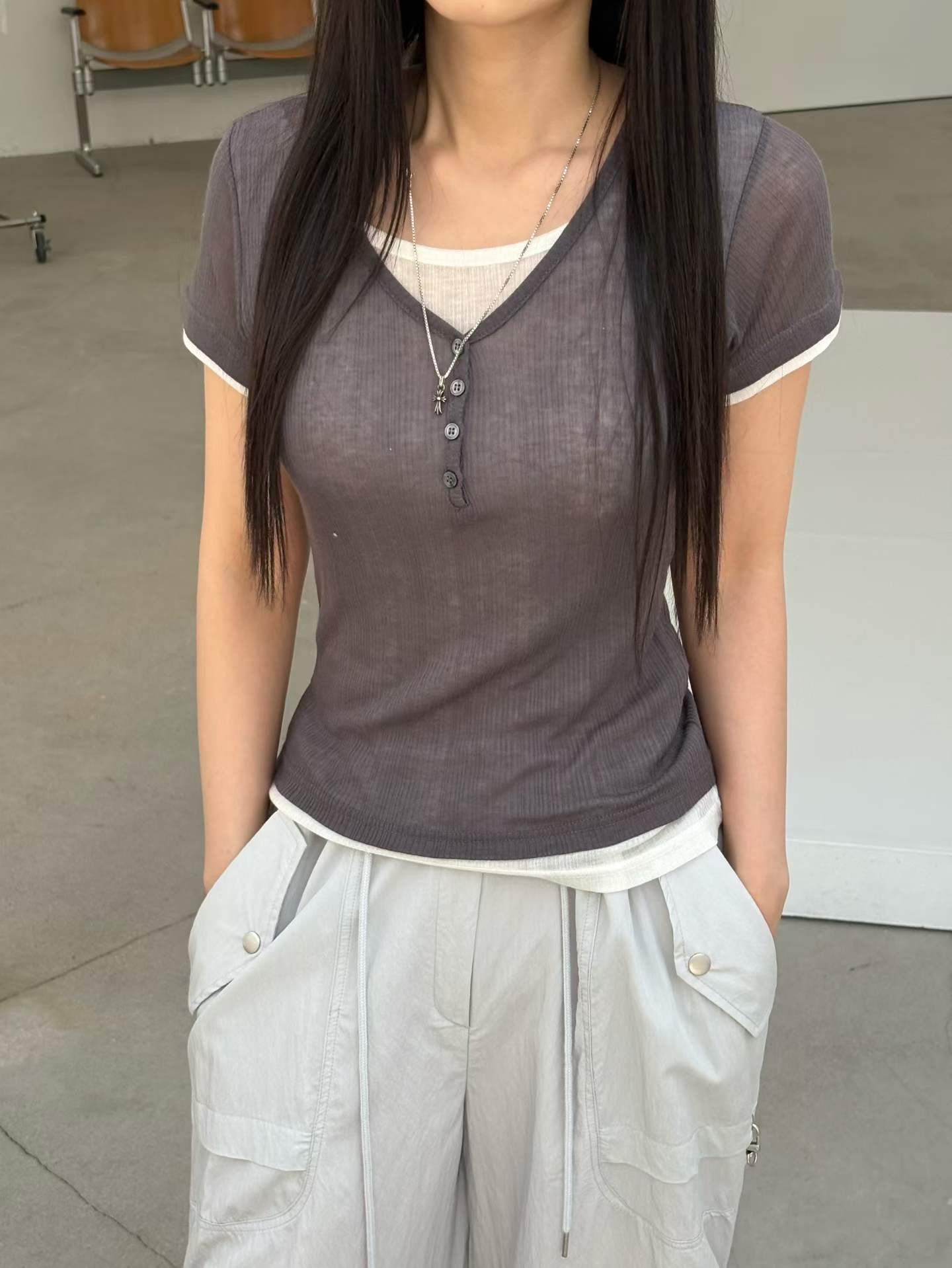 Verbena韓國代購女裝新款職業26夏季26春夏休閑T恤假兩件VerbenaT恤圖色1