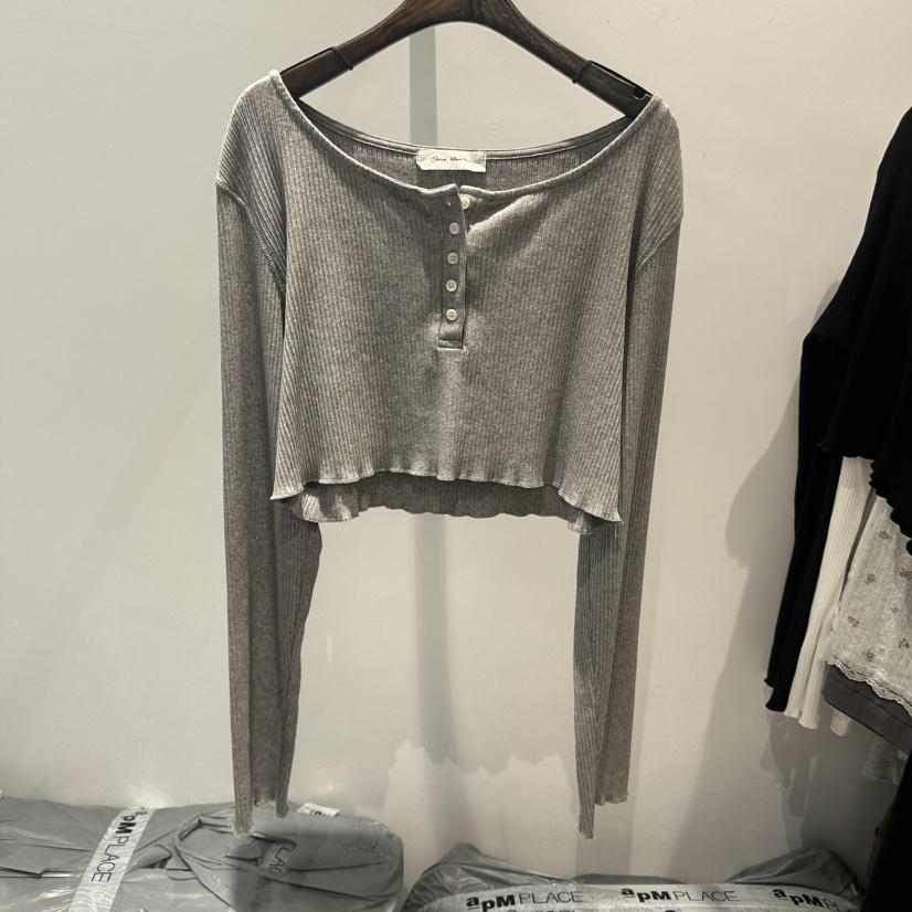 JANE BIRKIN東大門實拍韓國女裝新款休閑長袖T恤短款紐扣羅紋長款JANE BIRKIN設計師品牌長袖T恤圖色3