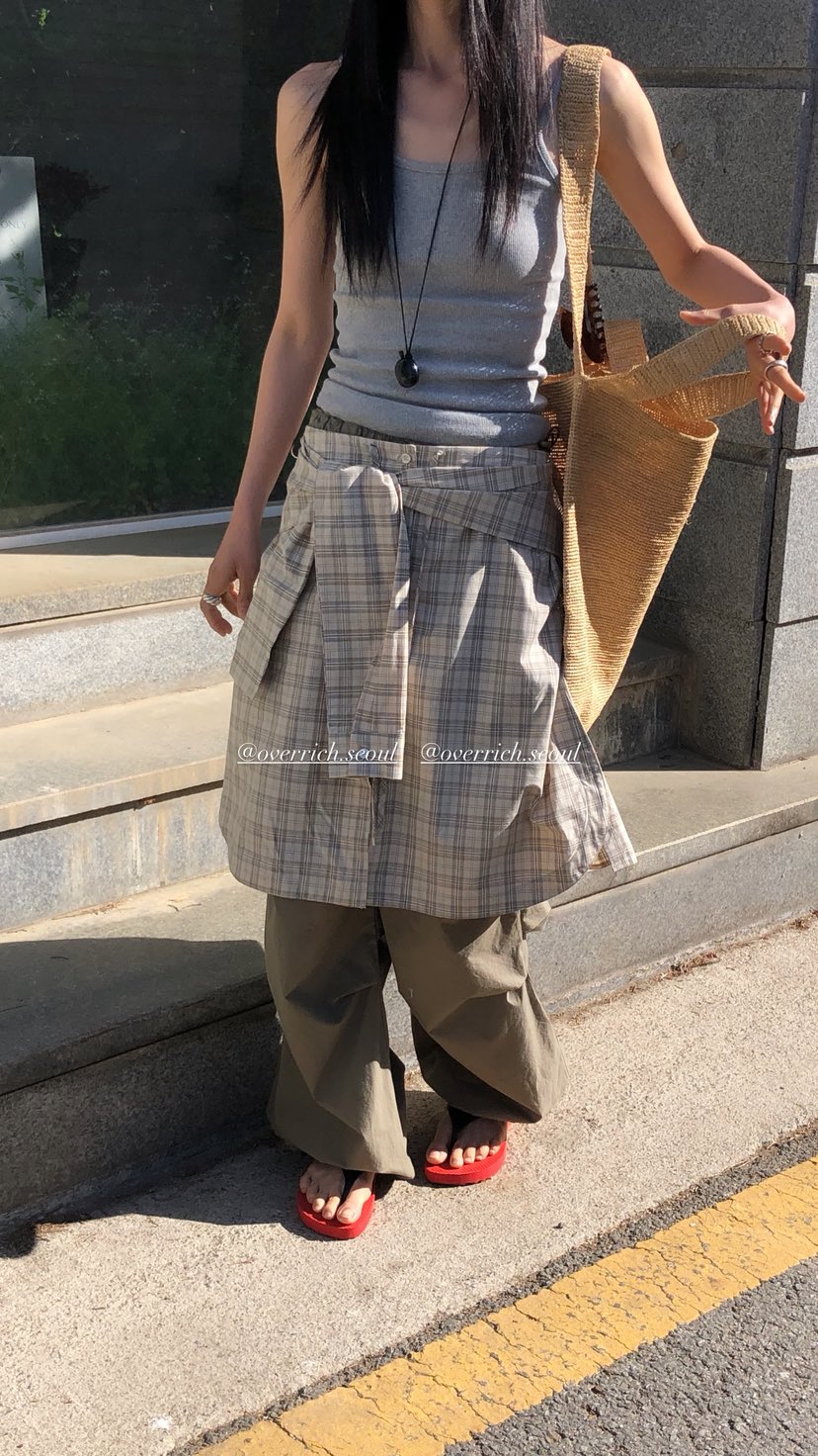 OVER RICH韓國直郵女士新品職業休閑半身裙中短裙格子疊穿OVER RICH半身裙/中短裙