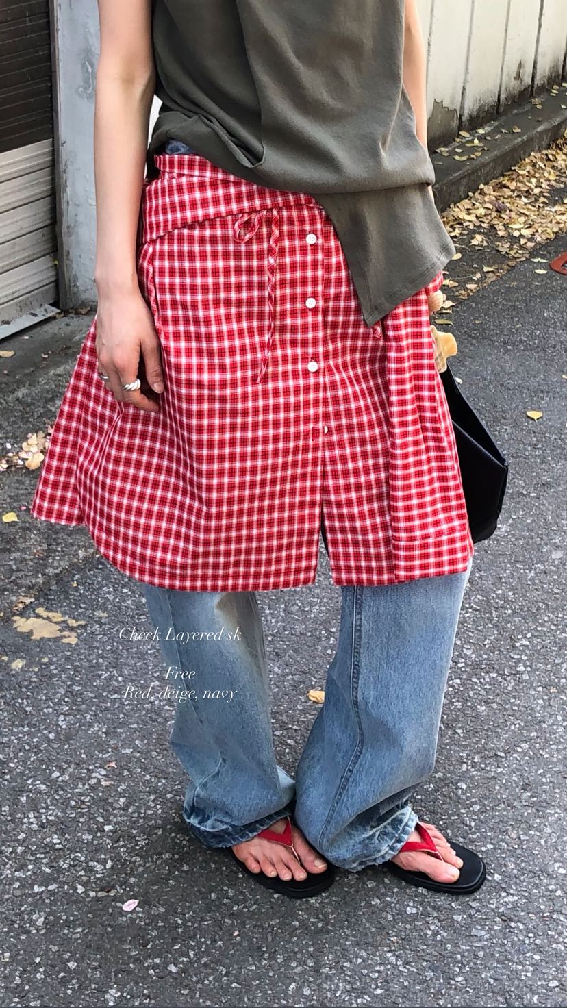 OVER RICH韓國直郵女士新品職業休閑半身裙中短裙格子疊穿OVER RICH半身裙/中短裙