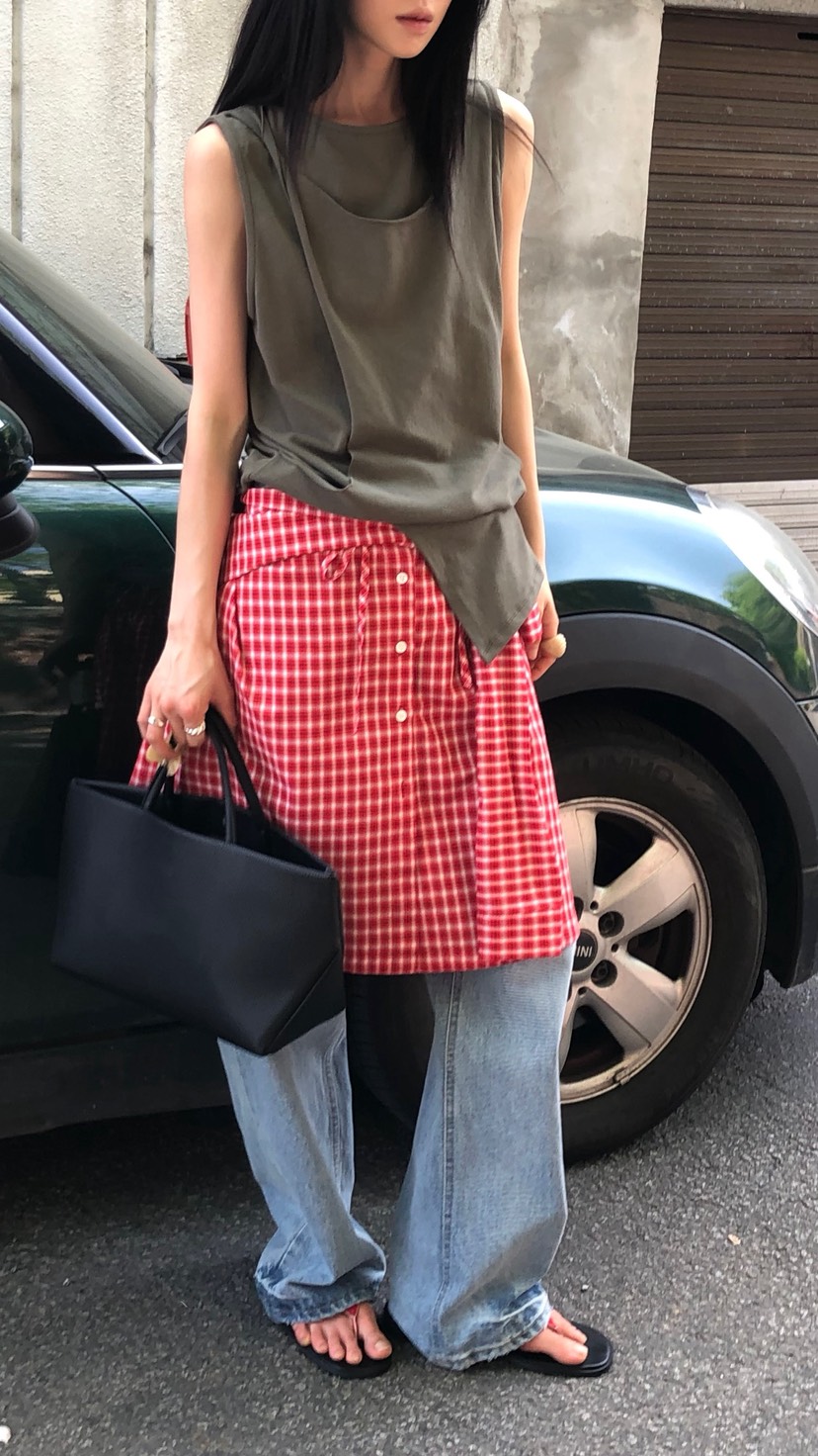 OVER RICH韓國直郵女士新品職業休閑半身裙中短裙格子疊穿OVER RICH半身裙/中短裙