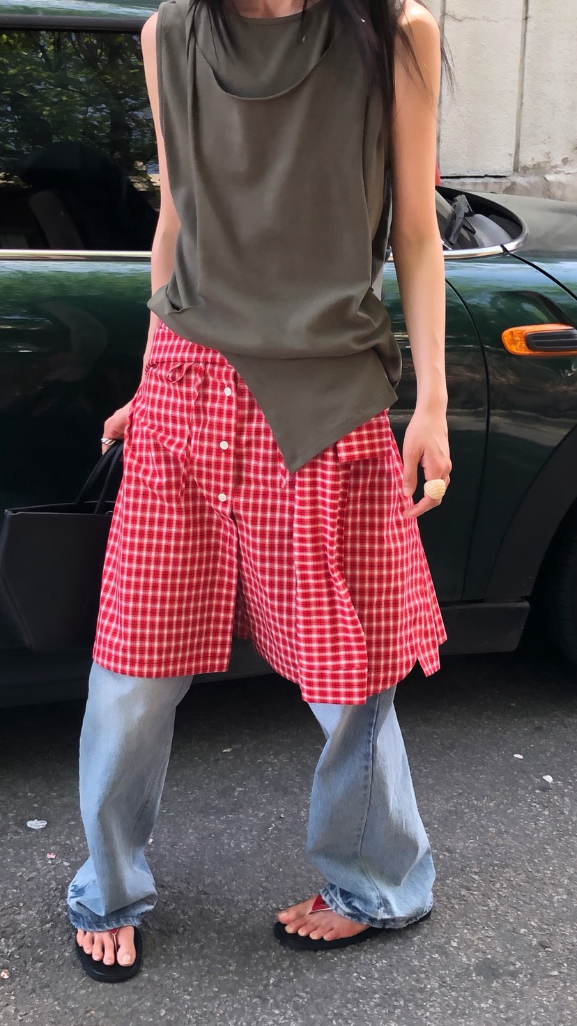 OVER RICH韓國直郵女士新品職業休閑半身裙中短裙格子疊穿OVER RICH半身裙/中短裙