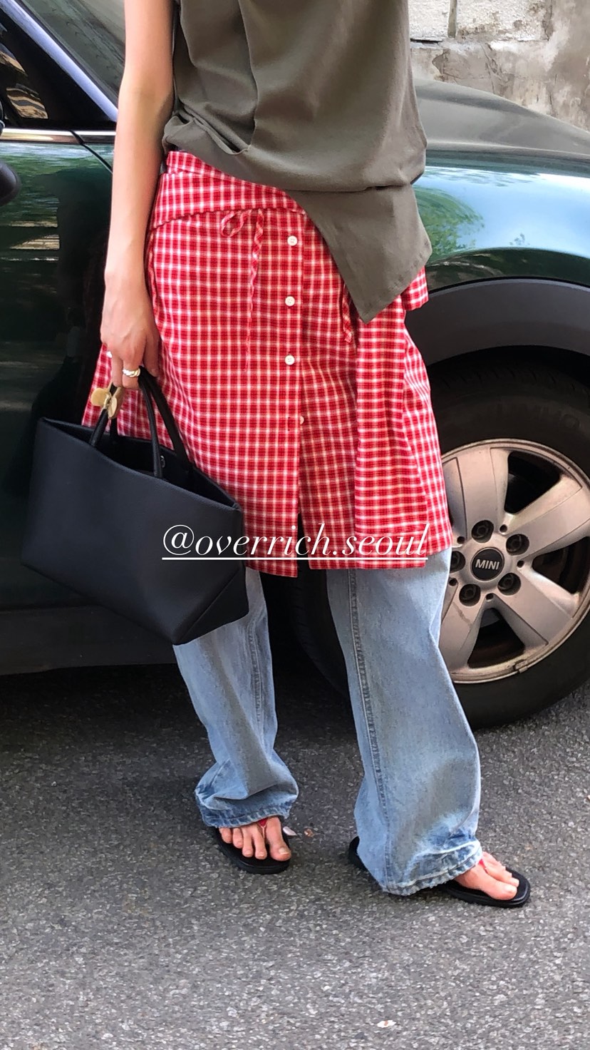 OVER RICH韓國直郵女士新品職業休閑半身裙中短裙格子疊穿OVER RICH半身裙/中短裙