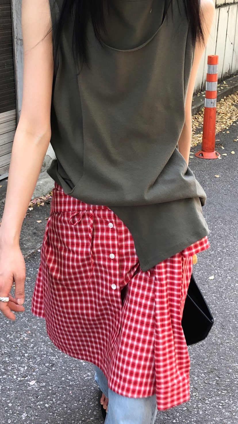 OVER RICH韓國直郵女士新品職業休閑半身裙中短裙格子疊穿OVER RICH半身裙/中短裙