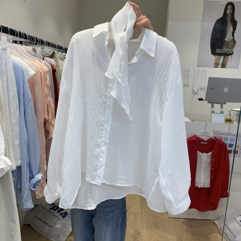 RUMIRU/AWEAR韓國東大門代購女裝新款26春夏襯衫蕾絲衫含圍巾褶皺awear/RUMIRU襯衫/蕾絲衫圖色1