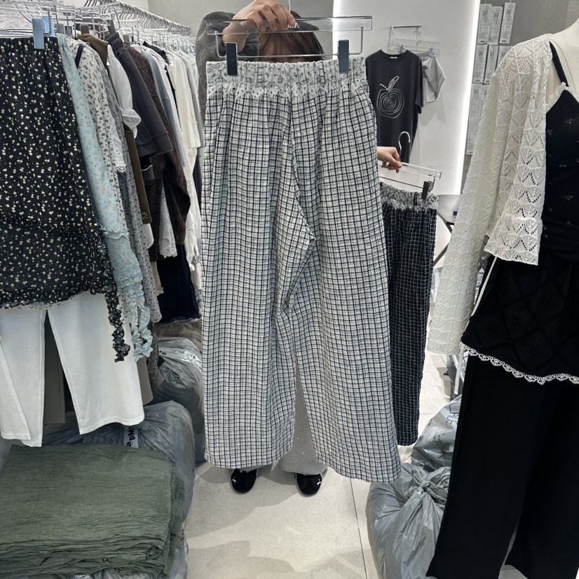 ANDE韓國東大門直郵女裝新品人氣熱賣26春夏休閑褲格子褶裥Ande休閑褲