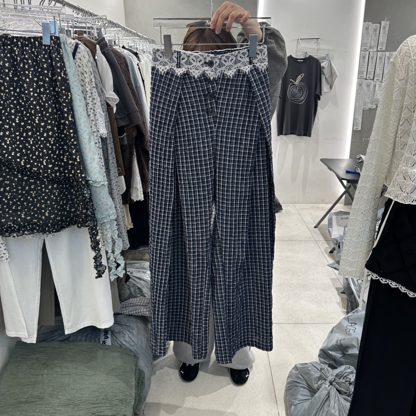 ANDE韓國東大門直郵女裝新品人氣熱賣26春夏休閑褲格子褶裥Ande休閑褲圖色1