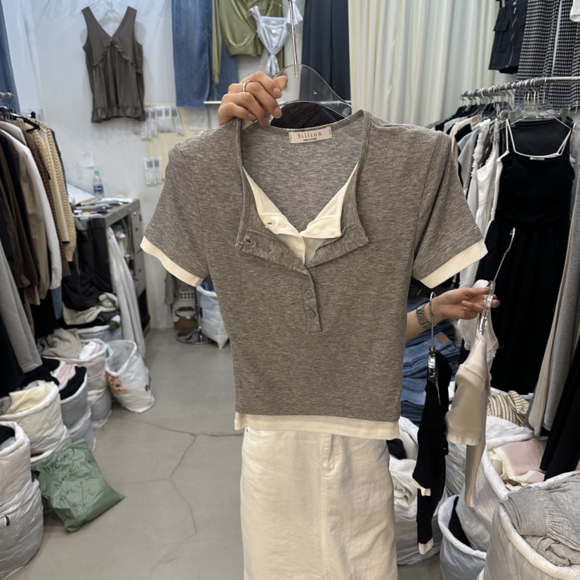 BILLION-L韓國代購女士新款時尚26夏季休閑T恤假兩件疊穿BILLION-LT恤圖色1