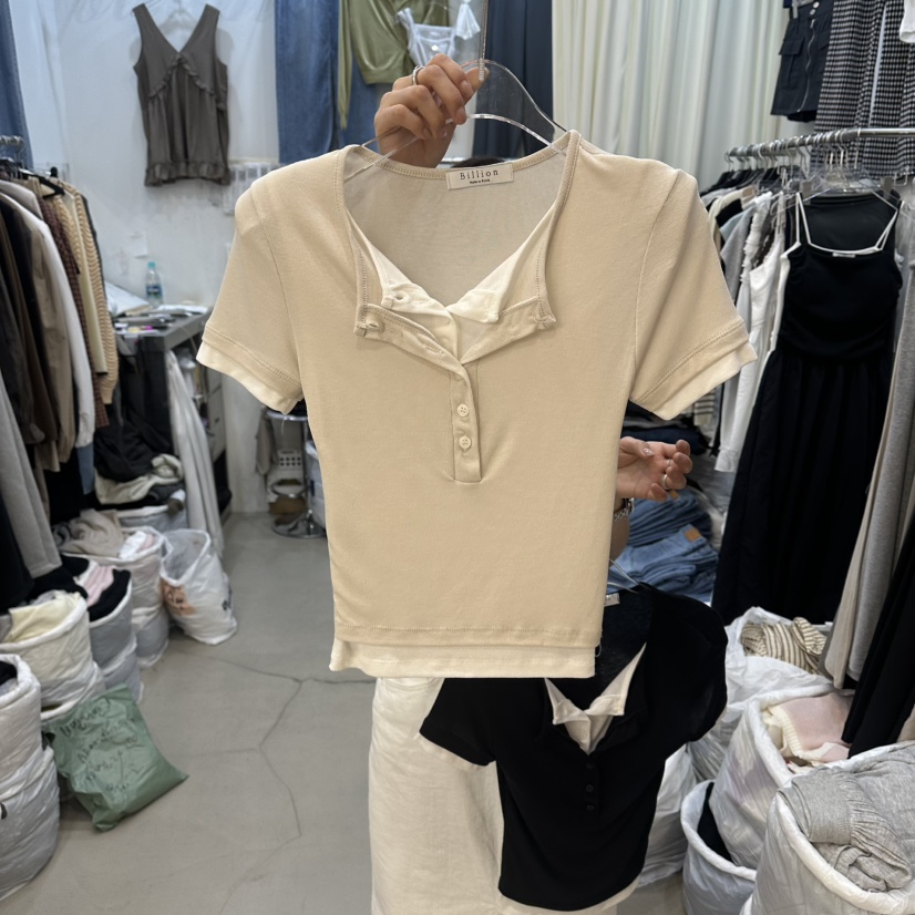 BILLION-L韓國代購女士新款時尚26夏季休閑T恤假兩件疊穿BILLION-LT恤圖色2