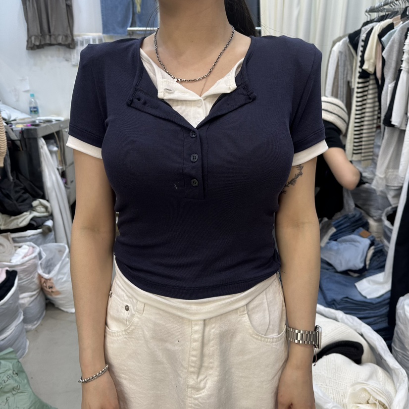 BILLION-L韓國代購女士新款時尚26夏季休閑T恤假兩件疊穿BILLION-LT恤圖色4深藍色