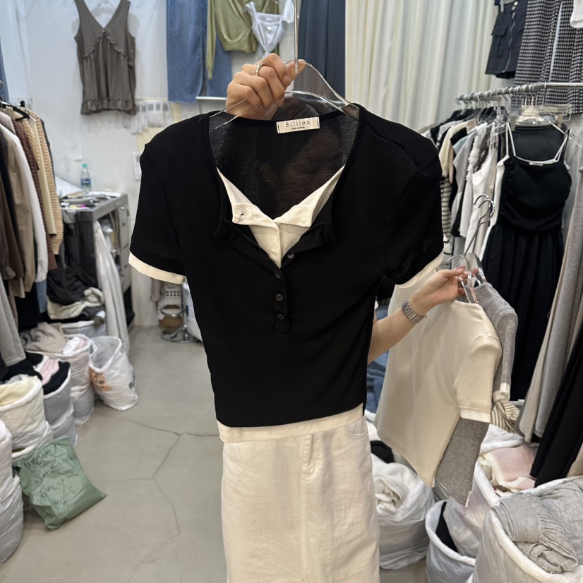 BILLION-L韓國代購女士新款時尚26夏季休閑T恤假兩件疊穿BILLION-LT恤圖色5黑色