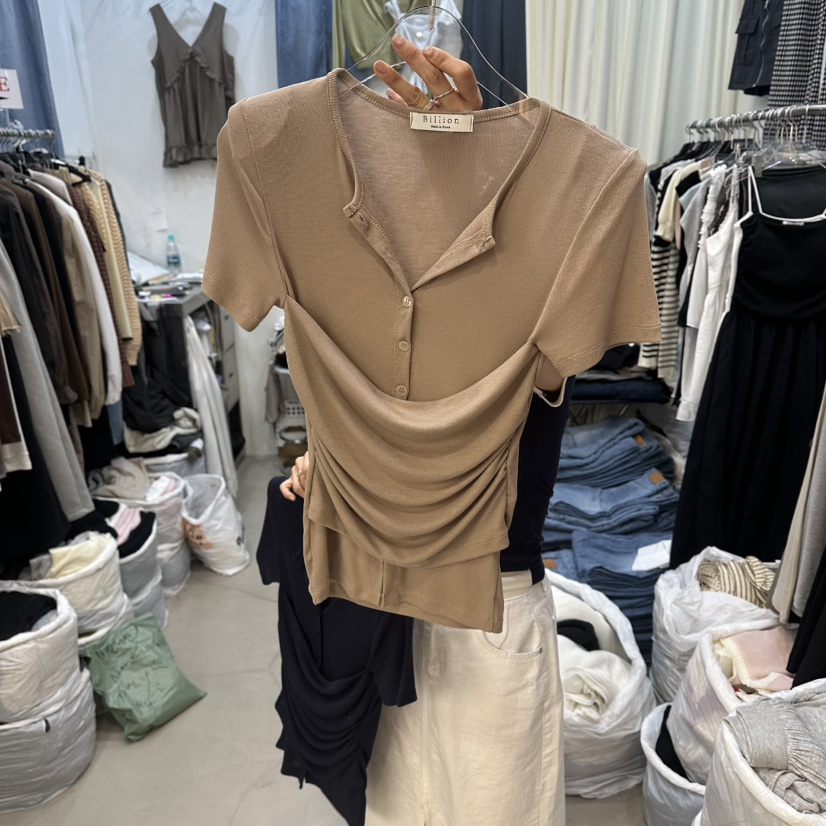 BILLION-L韓國直郵女裝新款26春夏26夏季T恤假兩件褶皺紐扣BILLION-LT恤圖色1