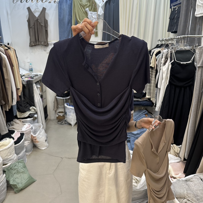 BILLION-L韓國直郵女裝新款26春夏26夏季T恤假兩件褶皺紐扣BILLION-LT恤圖色3墨色