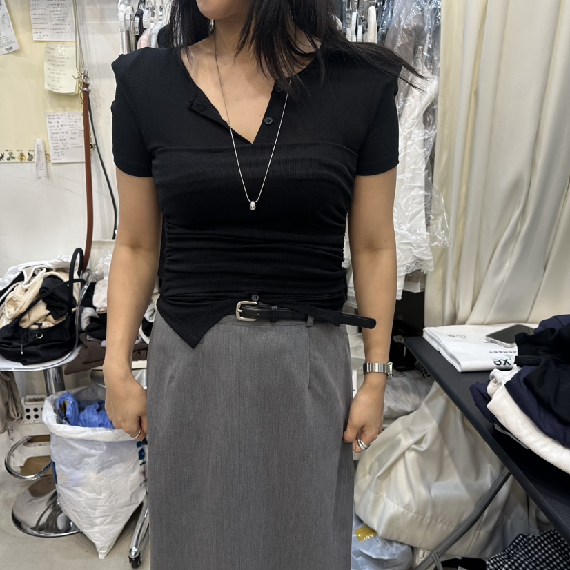 BILLION-L韓國直郵女裝新款26春夏26夏季T恤假兩件褶皺紐扣BILLION-LT恤圖色4黑色