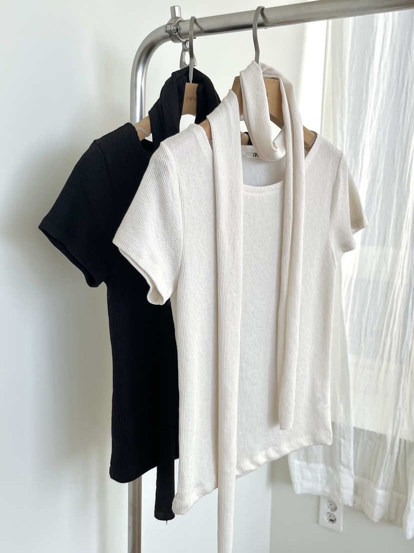 OP PER韓國直郵女裝新品推薦休閑真品26春夏T恤含脖帶圍巾OPPER-simplebeigeT恤