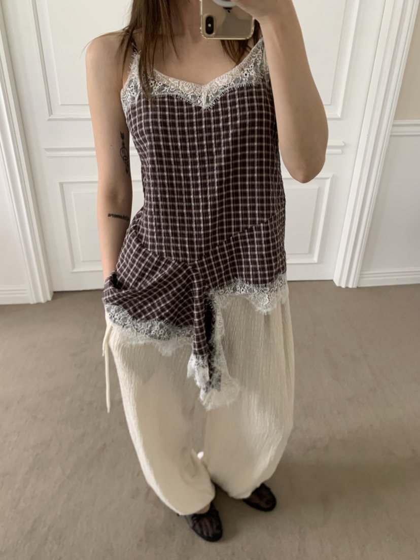 EYEL韓國直郵女士新品26春夏時尚推薦人氣吊帶背心格紋蕾絲EYEL吊帶/背心