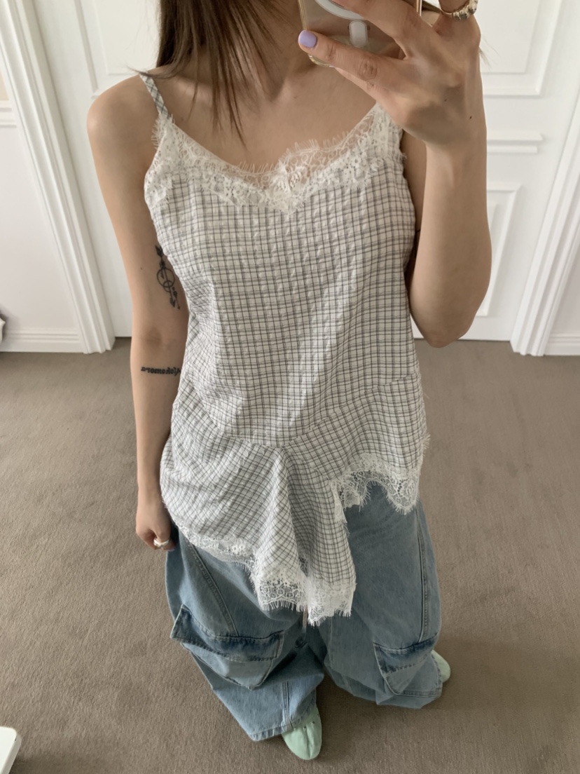 EYEL韓國直郵女士新品26春夏時尚推薦人氣吊帶背心格紋蕾絲EYEL吊帶/背心