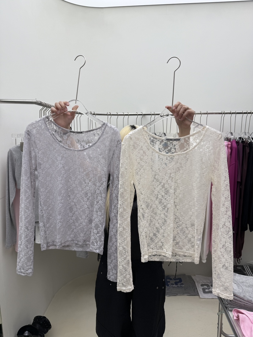 SEOLO韓國直郵女士新品休閑推薦時尚人氣長袖T恤奶油色蕾絲Seolo seoul長袖T恤