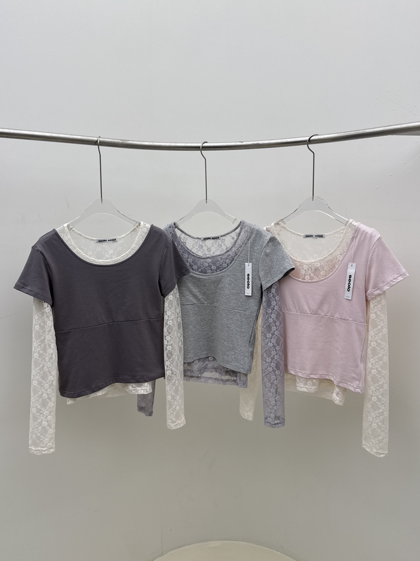 SEOLO韓國直郵女士新品休閑推薦時尚人氣長袖T恤奶油色蕾絲Seolo seoul長袖T恤