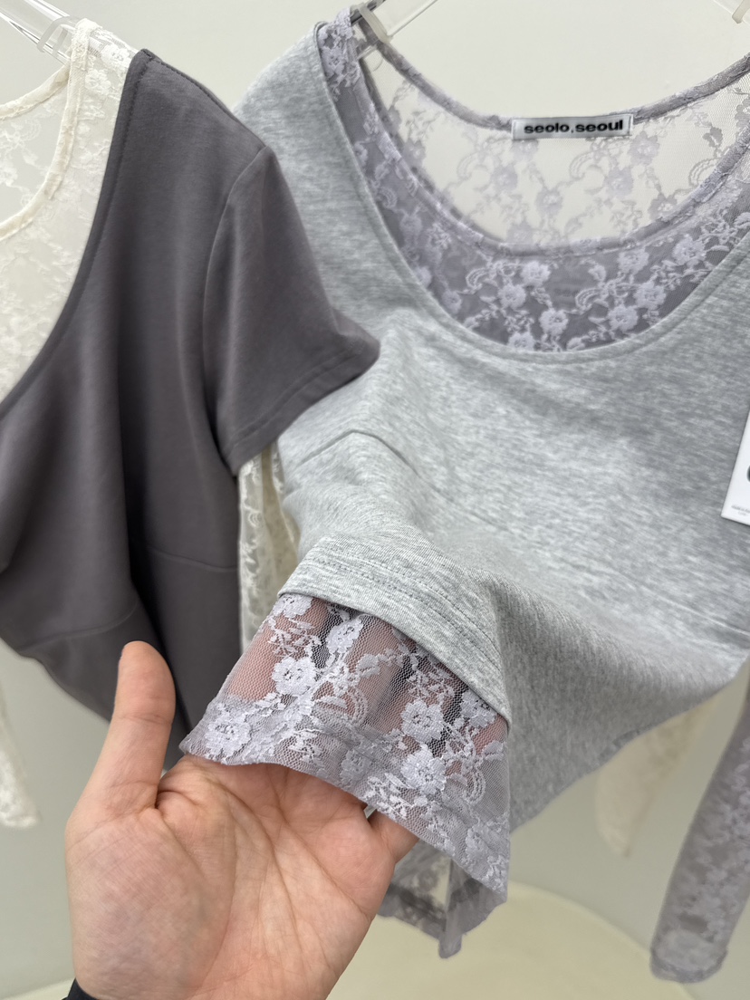 SEOLO韓國直郵女士新品休閑推薦時尚人氣長袖T恤奶油色蕾絲Seolo seoul長袖T恤