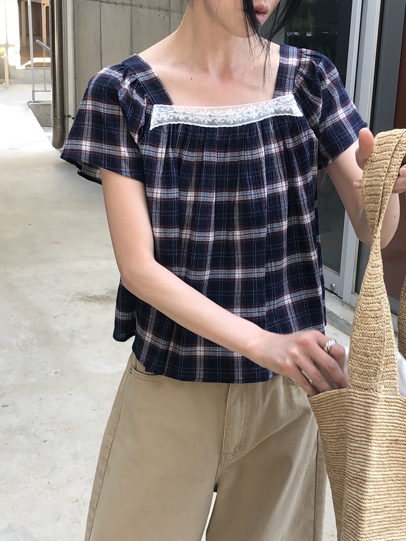 THE ABLE東大門直郵女裝新款人氣26春夏襯衫蕾絲衫格子蕾絲THE ABLE/TA襯衫/蕾絲衫