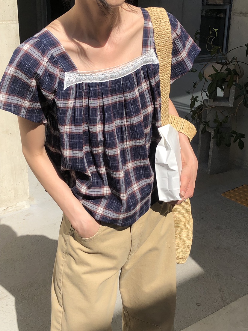 THE ABLE東大門直郵女裝新款人氣26春夏襯衫蕾絲衫格子蕾絲THE ABLE/TA襯衫/蕾絲衫