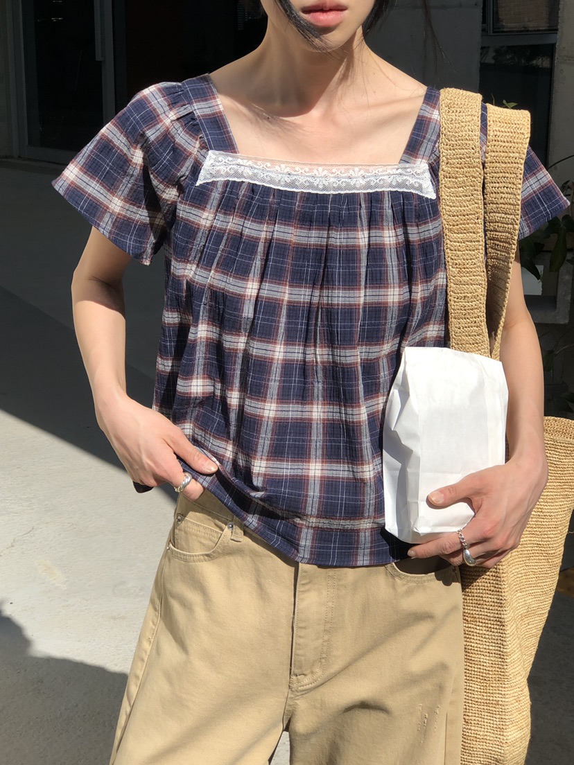 THE ABLE東大門直郵女裝新款人氣26春夏襯衫蕾絲衫格子蕾絲THE ABLE/TA襯衫/蕾絲衫