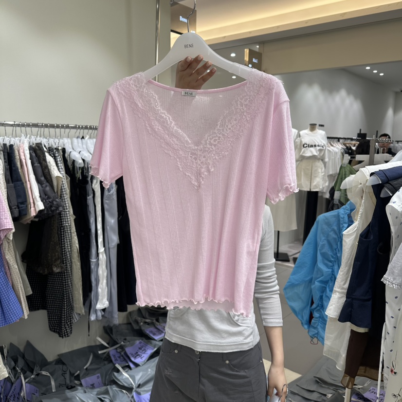 BENE韓國直郵實拍女士新品休閑推薦人氣時尚職業T恤V領透視BENET恤圖色3