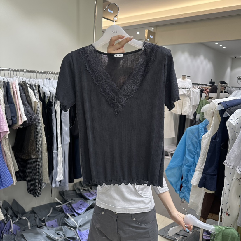 BENE韓國直郵實拍女士新品休閑推薦人氣時尚職業T恤V領透視BENET恤圖色5墨色